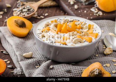 Heimischen Aprikosen Müsli Joghurt mit Milch und knackigen Nüssen und gesunden Samen chia Stockfoto