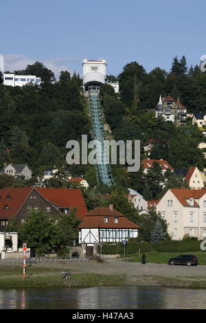 Deutschland, Sachsen, Dresden, Loschwitz, Standseilbahn, Häuser, Schienen, Endstation, Elbhang, Teil der Stadt, Häuser, Villen, Bäume, Elbufer, Elbe, Fluss, Stockfoto