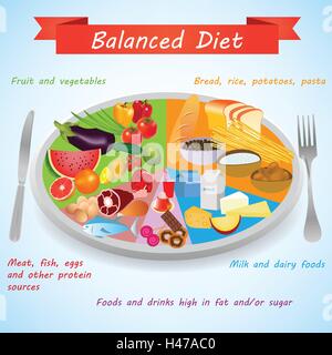 Food pyramid. Food on a plate for a healthy and balanced diet. Healthy foods infographics elements Stock Vektor
