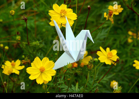 Origami Kolibri und Kran auf schöne Blumen in vollem Umfang Frühling in ein Litle Garten. Stockfoto