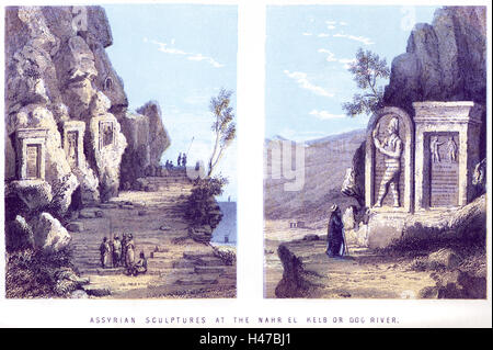 Farbige Darstellung assyrischer Skulpturen am Nahr El Kelb oder Dog River, hochaufgelöst aus einem Buch, das 1868 gedruckt wurde. Für urheberrechtlich frei gehalten Stockfoto