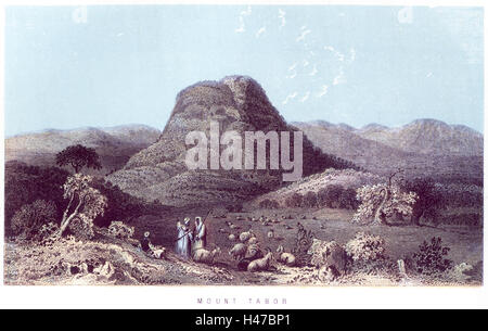 Eine farbige Gravur der Berg Tabor Scannen mit hoher Auflösung aus einem Buch über das Heilige Land gedruckt im Jahre 1868. Stockfoto