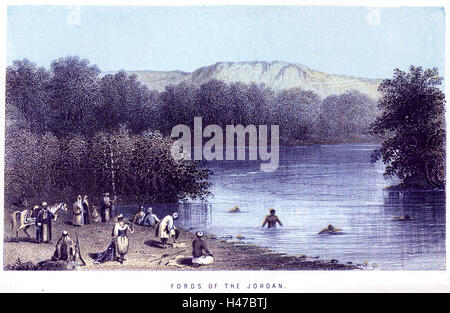 Eine farbige Gravur die Furten des Jordans gescannt mit hoher Auflösung aus einem Buch über das Heilige Land im Jahre 1868 gedruckt. Stockfoto