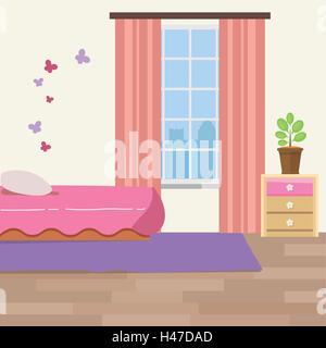 Kinderzimmer mit weißen Möbeln. Baby rosa Streifen innen. Mädchen-Zimmer mit Doppelbett, Babybett Mobile, Kommode und Spielzeug bin. Stock Vektor
