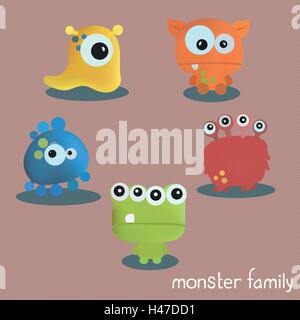 Set mit fünf Monster. Drucken Sie für Halloween. Stock Vektor