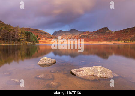 Sonnenaufgang über dem Blea Tarn und Langdale Pikes, Nationalpark Lake District, Cumbria, England. Herbst (November) 2014. Stockfoto