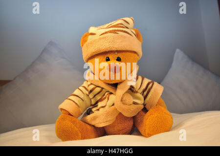 Teddybär, Bett, frontal, sitzen, Schlafzimmer, Stockfoto