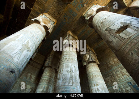 Ägypten, Qena, Dendera, Hathor Tempel, Säulen mit Hathor Kapitellen im Vorraum, Stockfoto