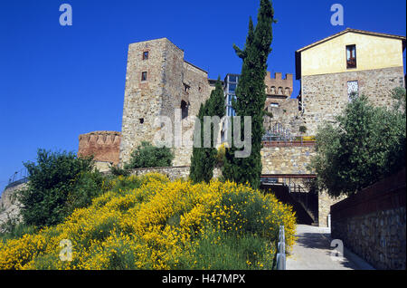 Italien, Toskana, Casole d ' Elsa, Festung, Besen, Festung Ort, Gebäude, Festung Ort, Gebäude, Rathaus, Zinnen, Mauern, Schutz, Blüte, Geruch, Himmel, blau, Stockfoto