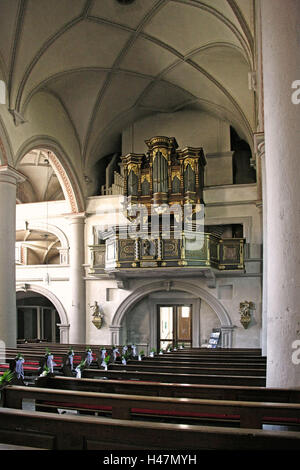 Deutschland, Bayern, Eibelstadt, Pfarrkirche, Orgel, verlassen, niemand, Orgel Opus, Broschüre Pfeifen, Orgelpfeifen, Schränke, Barockzeit, Kirche, Orgel, Orgel Opus, Barock, kirchliche Musik, Säulen, Stockfoto