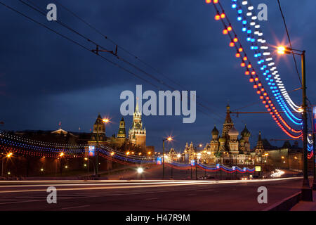 Moskau, Roter Platz, Kreml, Basilius Kathedrale, feste Beleuchtung, Stockfoto