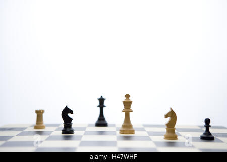 Schach-Sprungbrett, Schachfiguren, Stilllife, kopieren Sie Räume, Stockfoto