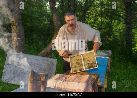 Porträt von Reifen ukrainischen Bauern Halterahmen mit Bienen während der Arbeit in eigenen Biene Hof Stockfoto
