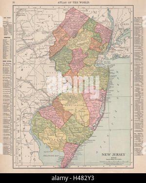 New-Jersey Zustand-Karte mit Grafschaften. RAND MCNALLY 1912 alte antike Diagramm Stockfoto