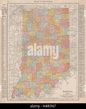 Indiana State Karte mit Landkreisen. RAND MCNALLY 1912 alte antike Diagramm Stockfoto