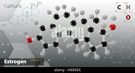 3D Illustration von Östrogen Moleküls isoliert dunklen Hintergrund Stockfoto