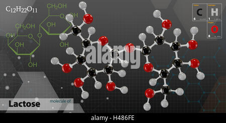 3D Illustration von Lactose Molekül isoliert dunklen Hintergrund Stockfoto