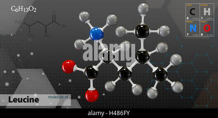 3D Illustration von Leucin Moleküls isoliert dunklen Hintergrund Stockfoto