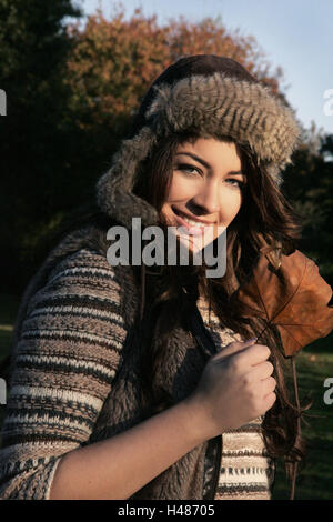 Frau, Pelzmütze, Porträt, Seitenansicht, Stockfoto