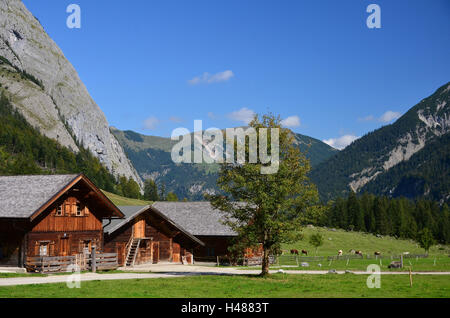 Österreich, Tirol, eng, Fissura Tal, Naturschutzgebiet, große Ahorn Boden, Karwendelgebirges, Bauernhäuser, Stockfoto