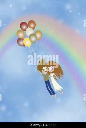 Illustration, Himmel, paar, Ballons, Fliege, Regenbogen, Grafik, Luftballons, viele, große Anzahl, hell, Paare, Mann, Frau, Liebe, verliebt sich in Liebe zusammen, Symbol, Grüße, Umarmung, Float, Traum-Farben, bewölktem Himmel, Wolken, Romantik, romantisch, Traum, Liebe Grüße, Naht, Zweisamkeit, Hochzeit, Verlobung, Valentinstag, Stockfoto