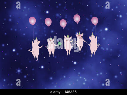 Glückliche Schweine, rosa, Kleeblatt, Luftballons, Konfetti, Symbol, Neujahr, Glücksbringer, Illustration, Stockfoto