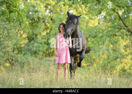 Mädchen, Pferd, Arabische Haflinger, Wiese, Vorderansicht, stehen, Blick in die Kamera, Stockfoto