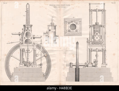 VIKTORIANISCHE ENGINEERING ZEICHNUNG. Hochdruck-Dampfmaschine, 16-Zoll-Zylinder 1847 Stockfoto