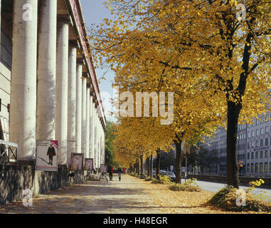 Deutschland, Bayern, München, Haus der Kunst, draußen, Herbst, Oberbayern, Stadt, Prinzregentenstraße, Aufbau, Struktur, draußen, Fassade, Säulen, 1933-37, Bäume, Herbst-Färbung, herbstliche, Laub, Herbstlaub, Bürgersteig, Passanten, Person, Museum, Kunstmuseum, Ausstellung Gebäude, Ort von Interesse, Stockfoto