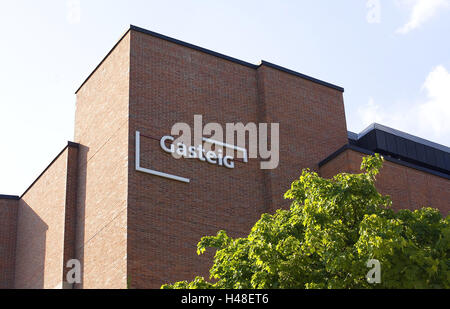 Deutschland, Bayern, München, Kulturzentrum Gas Teig, Stadt, Teil Stadt, Haidhausen, Gebäude, Kulturpalast, Bildungszentrum, Konferenzzentrum, Struktur, Architektur, Kultur, Lehm Ziegelbau, Fassade, außerhalb, Abbildung Schriftart, Stockfoto