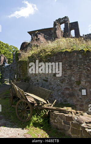 Deutschland, Thüringen, Süd-Harz, Neustadt, Burg Travestie Stein, außen, Restaurant, Mittelgebirge, Luftkurort, Gasthaus, historisches Baudenkmal, Burg, Festung, Tourismus, Anhänger, Wagenrad, Stockfoto