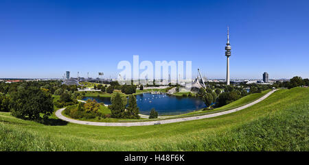 Deutschland, Bayern, Oberbayern, München, Olympiagelände, Übersicht, Freizeit, Olympic, Panorama, Panorama-format, Destination, See, Anblick, Sommer, Sonne, Sport, Sportanlage, Stadion, Telekommunikation, Tourismus, Turm, Veranstaltungsort, wolkenlos, Architektur, Aussichtspunkt, Olympia-Stadion, Olympiaturm, Olympiahalle, Fernsehturm, Stockfoto