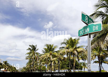 Straßenschild "OCEAN Drive" Ecke 8 ST, Lummus Park, Ocean Drive, Miami South Beach Art Deco District, Florida, USA, Stockfoto