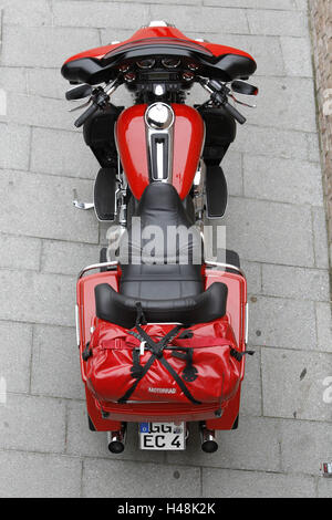 Reis-Motorrad, Harley Davidson, Tourer, rot, von oben, Stockfoto