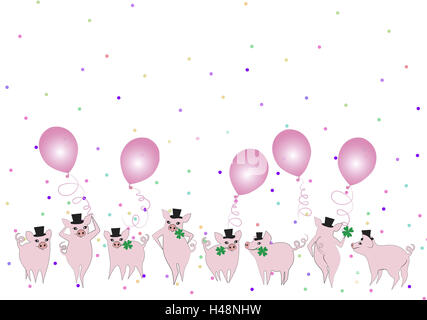 Glückliche Schweine, rosa, Kleeblättern, Luftballons, Konfetti, Symbol, Neujahr, Glücksbringer, Illustration, Stockfoto