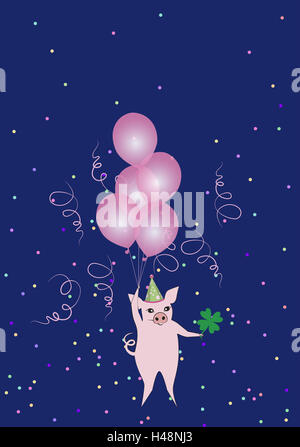 Glückliche Schweine, rosa, Kleeblatt, Luftballons, Konfetti, Symbol, Neujahr, Glücksbringer, Illustration, Stockfoto