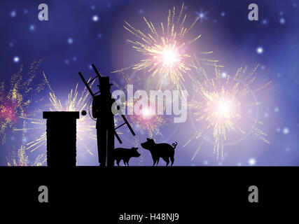 Schornsteinfeger, Dach, bei Nacht, Feuerwerk, wenig Glücksschwein, Symbol, Neujahr, Glücksbringer, Illustration, Stockfoto