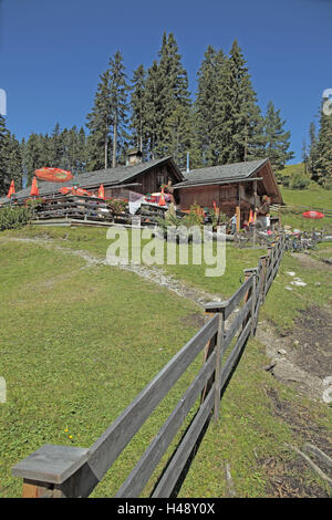 Österreich, Tirol, Alm, Sonnenschein, Zaun, Alpine Rasen, Almhütten, Nordtirol, Region, Meer Feld, Landschaft, Alpen, Alpzimmern, Zaun, Holzzaun, Zaun, Pfosten, Holzpfosten, Wiese, Alm, Alpine Rasen, bluten Col, Hütte, Holzhütte, zwei, alpine Stockfoto