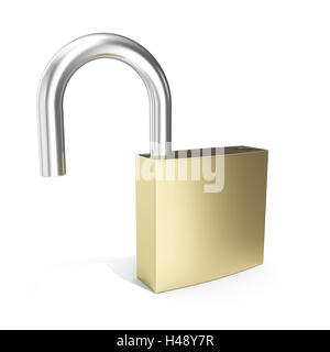 3D Abbildung Vorhängeschloss-Symbol, offenes Schloß Sicherheitssymbol isoliert auf weiss. Stockfoto
