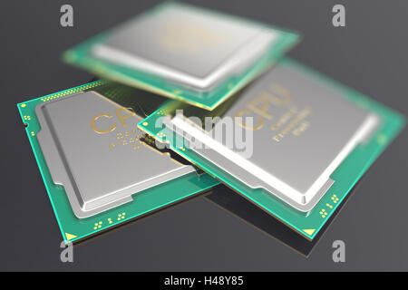 3D-Illustration CPU-chip, zentrale Prozessoreinheit auf schwarzem Hintergrund. Stockfoto