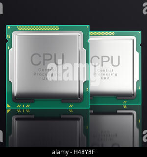 3D Darstellung moderner Mehrkern CPU auf schwarzem Hintergrund Stockfoto