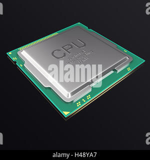 3D-Illustration CPU-chip, zentrale Prozessoreinheit auf schwarzem Hintergrund. Stockfoto