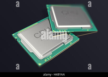 3D-Illustration CPU-chip, zentrale Prozessoreinheit auf schwarzem Hintergrund. Stockfoto