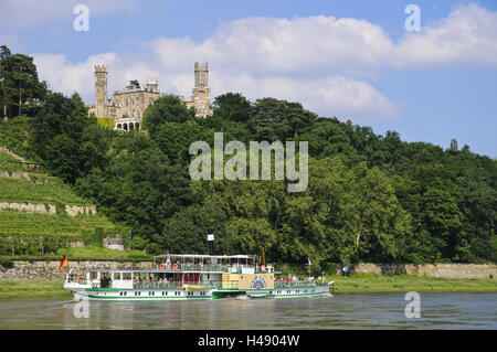 Sperre Ecke Berg, Elbe, Dampfer, Dresden, Sachsen, Deutschland Stockfoto