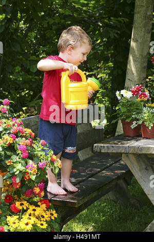 Kleines Kind, junge auf Gartenbank mit der Blume-Besetzung, Stockfoto