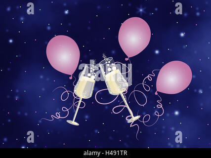 Zwei Sektgläser, Luftballons, Konfetti, Symbol, Neujahr, Illustration, Stockfoto