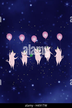 Wenig Glück Schweine, rosa, Kleeblatt, Luftballons, Konfetti, Symbol, neues Jahr, Glücksbringer, Illustration, Stockfoto