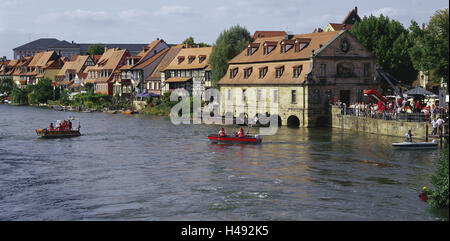 Deutschland, Bayern, Franken, Bamberg, Pegnitz, Stiefel, Wasser Guard, DLRG, "Klein Venedig", Stadt, Stadtbild, Zentrum, kleines Venedig, Häuser, Fachwerk, Häuserfassaden, Fachwerkhäuser, Fachwerk-Fassaden, Fassaden, Fluss, Boot, Praxis, Rettung Praxis, Ufer, Person, Zuschauer, Sommer, draußen, Stockfoto