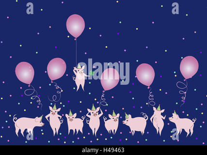 Glückliche Schweine, rosa, Kleeblatt, Luftballons, Konfetti, Symbol, Neujahr, Glücksbringer, Illustration, Stockfoto