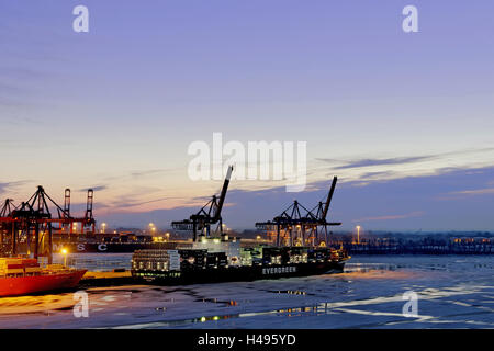 Ice Drift, Eisschollen auf der Elbe schwimmen, Hafenkrane, Abend-Stimmung, Övelgönne, Hanseatic City of Hamburg, Germany, Stockfoto